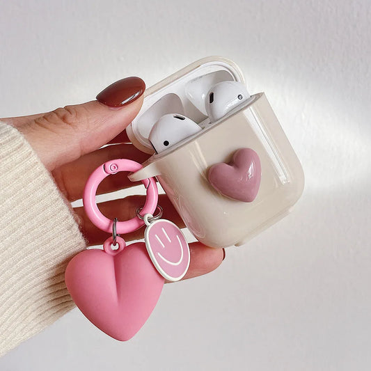 Cute 3D Heart Silicone Case for AirPods Pro 2/3 with Keyring Charm