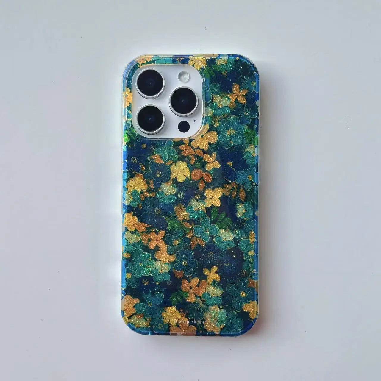 Blue Yellow Floral Gold Foil Sparkle Case for iPhone 13–16 Pro Max