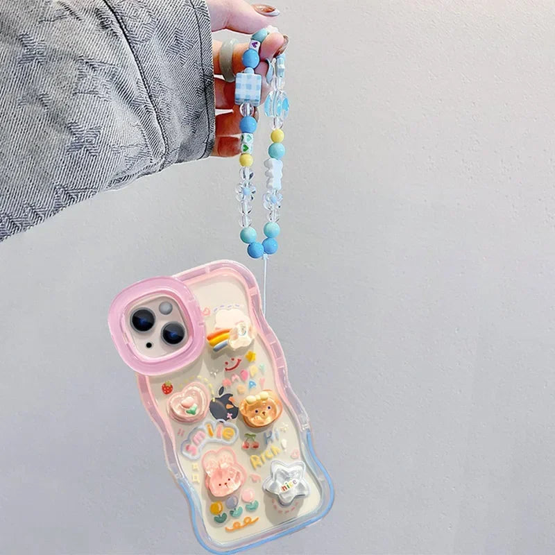 Bead Bracelet Chain Phone Holder Case for iPhone 15–11 Pro Max, 3D Rainbow Stand