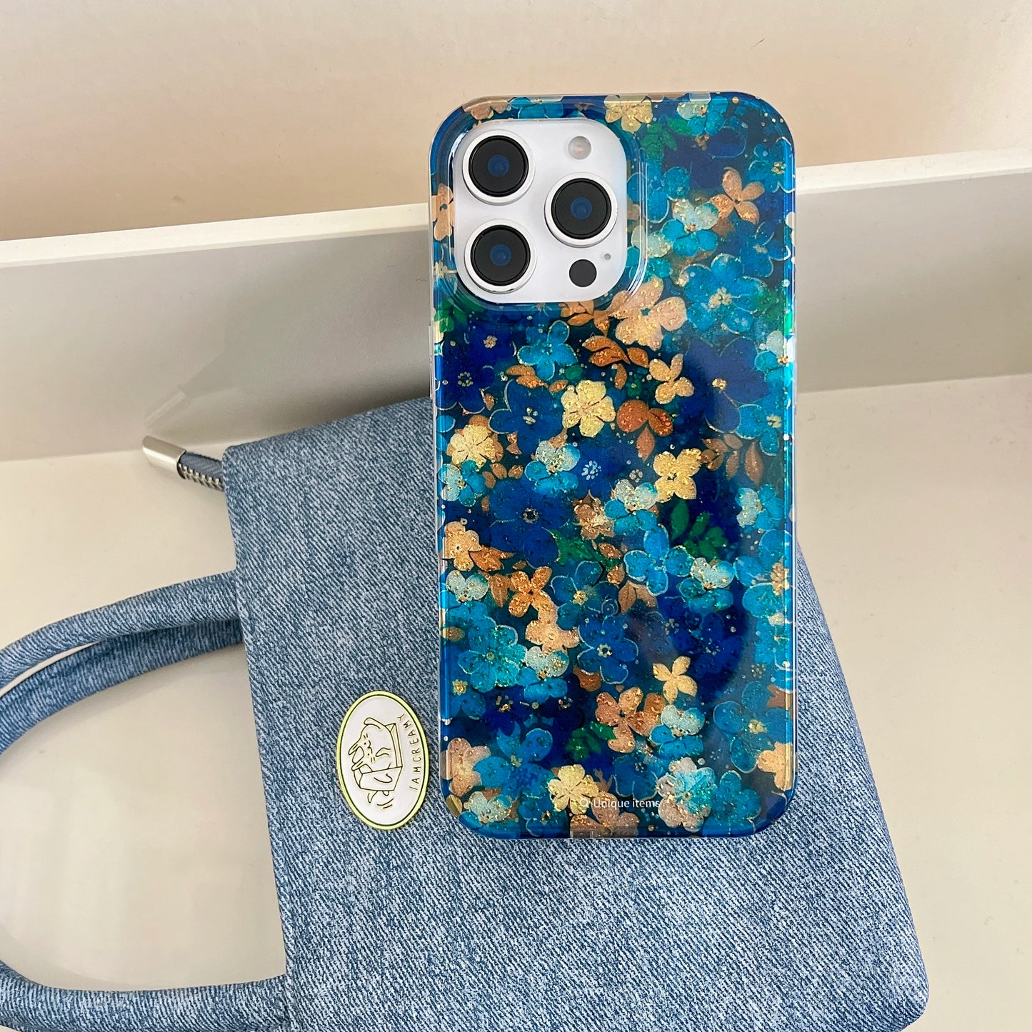 Blue Yellow Floral Gold Foil Sparkle Case for iPhone 13–16 Pro Max