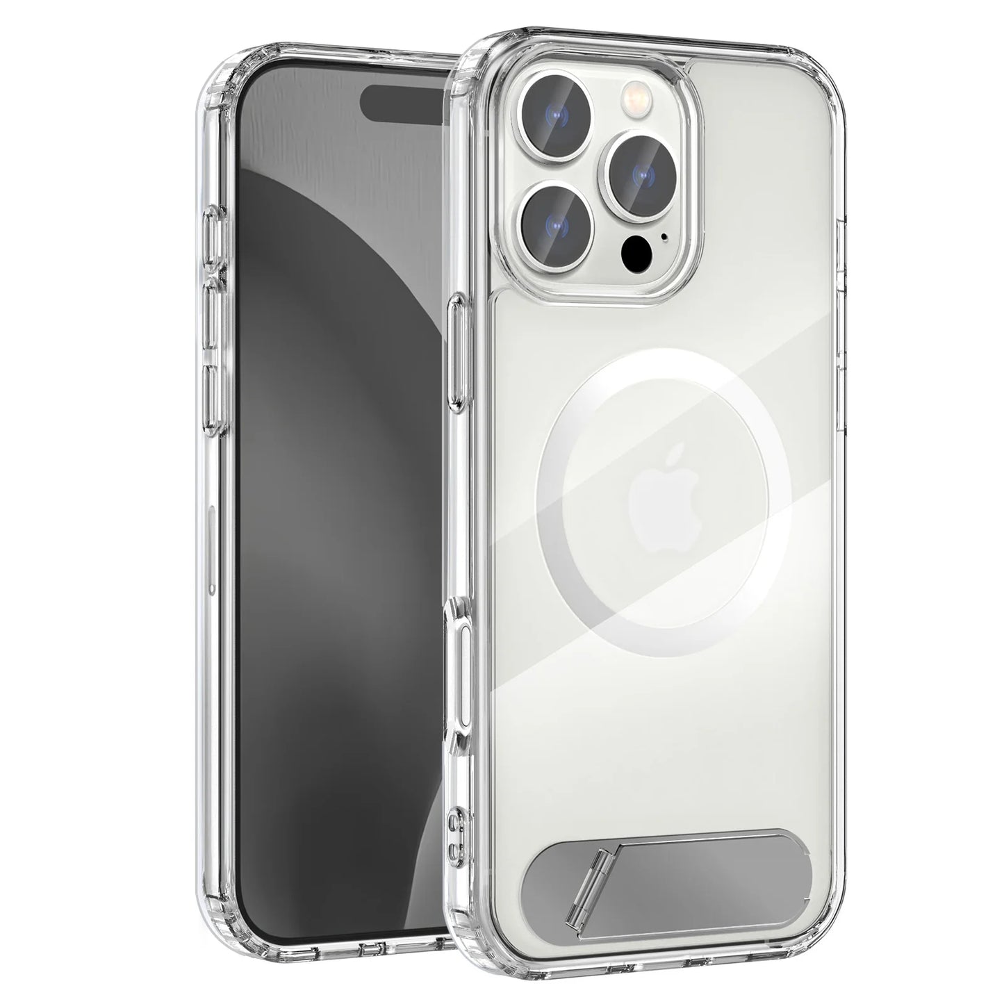 Clear Magnetic iPhone Case with Folding Metal Stand for 13–16 Pro Max