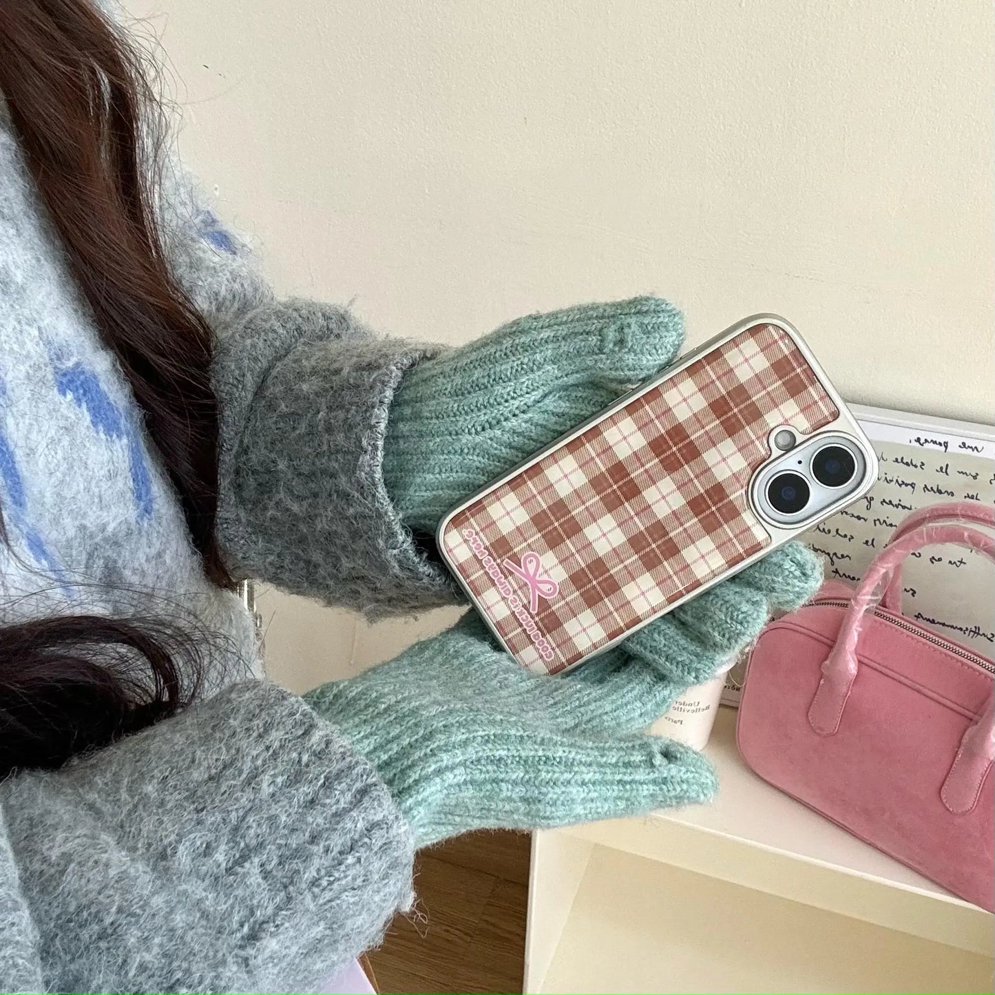 Korean Girly Checker Pattern Electroplated Leather Texture Case for iPhone 16 15 14 Pro Max
