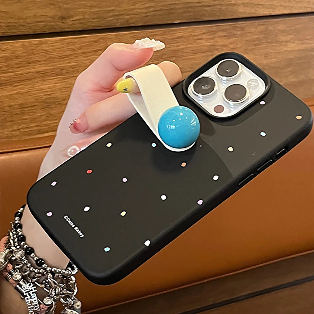Korean 3D Colored Ball Ring Stand Leather Phone Case for iPhone 15–11 Pro Max