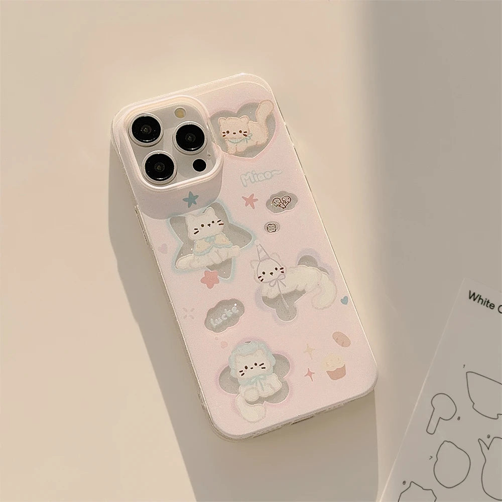 Korean Glitter Cartoon Cat Phone Case for iPhone 15 14 13 12 Pro Max