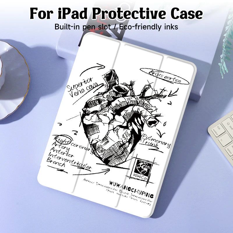 Sketch Heart iPad Case with Pen Holder β Fits 9.7", Mini 4/5, Air 4/5 10.9"