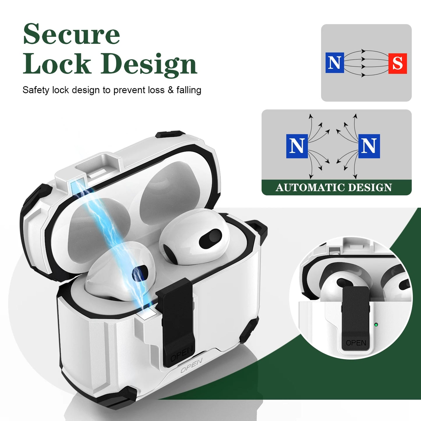 Secure Lock Shockproof Case for AirPods 1/2/3/4 Pro with Hook & Holder