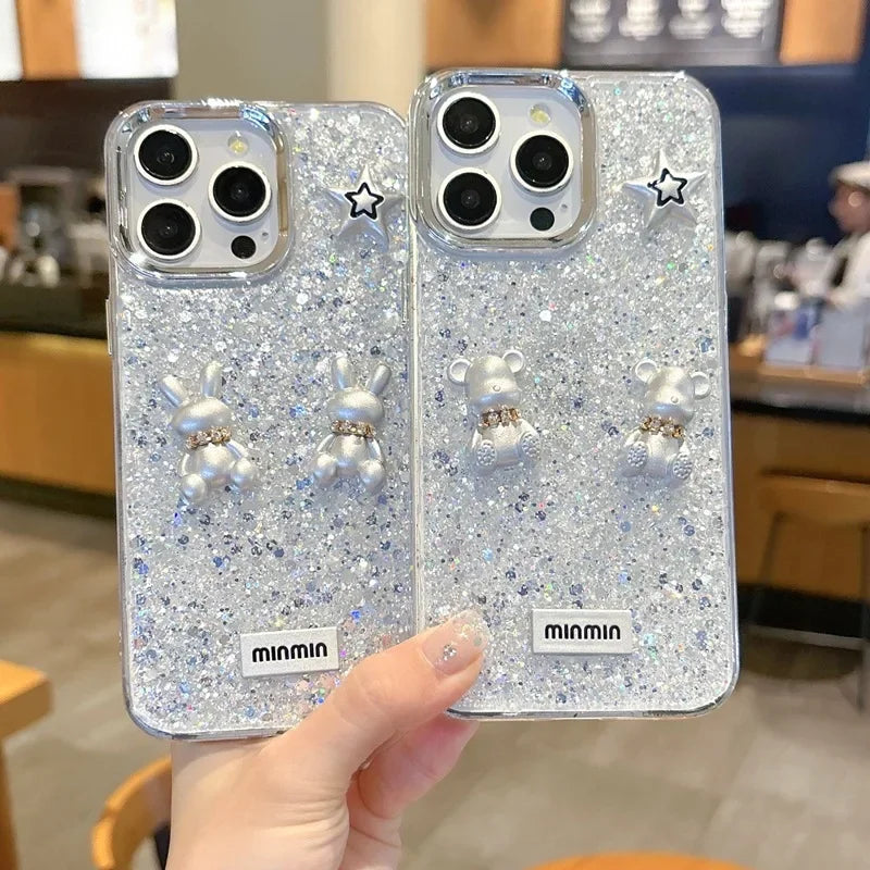 Korean Epoxy Bear Case for iPhone 14–16 Pro Max – Luxury Ring & Glitter Cover