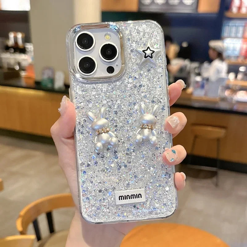 Korean Epoxy Bear Case for iPhone 14–16 Pro Max – Luxury Ring & Glitter Cover