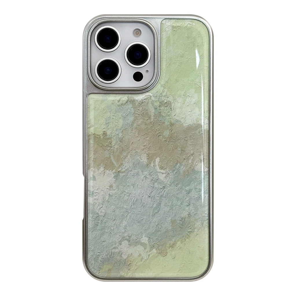 Art Green Gradient Oil Painting Drop Glue Case for iPhone 16 15 14 13 Pro Max