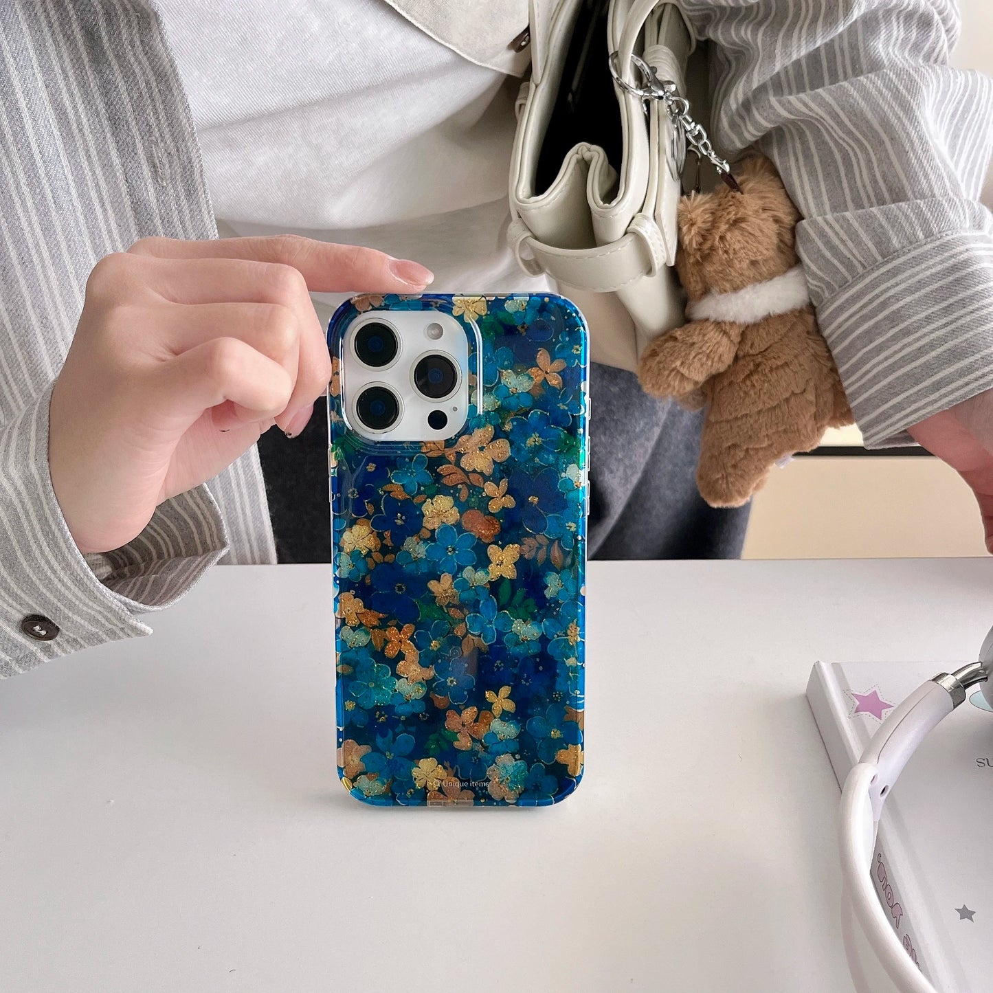 Blue Yellow Floral Gold Foil Sparkle Case for iPhone 13–16 Pro Max