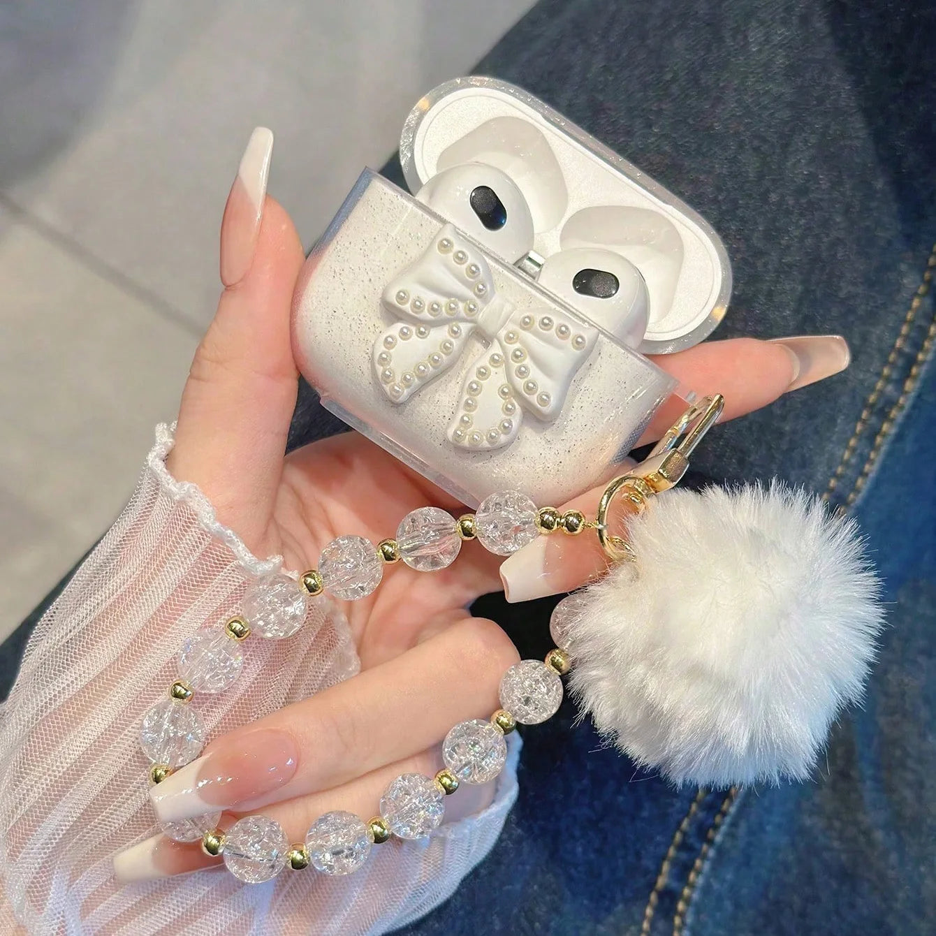 Glitter Bow TPU Case for AirPods Pro/Pro 2/3/4 with Crystal Pendant
