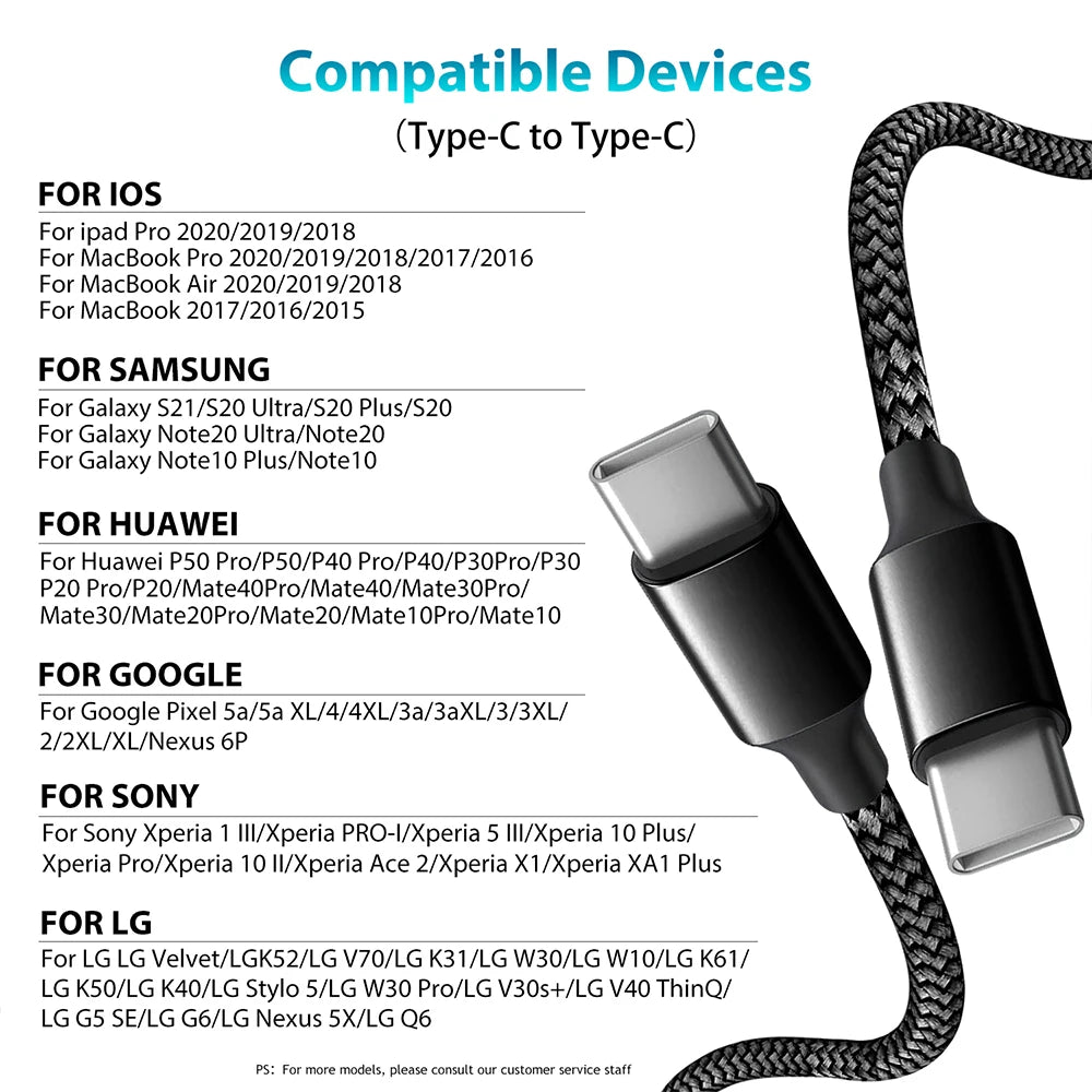 Type-C to Type-C PD 60W Charging Cable – 3m/5m/8m/10m for iPhone 15 & Android