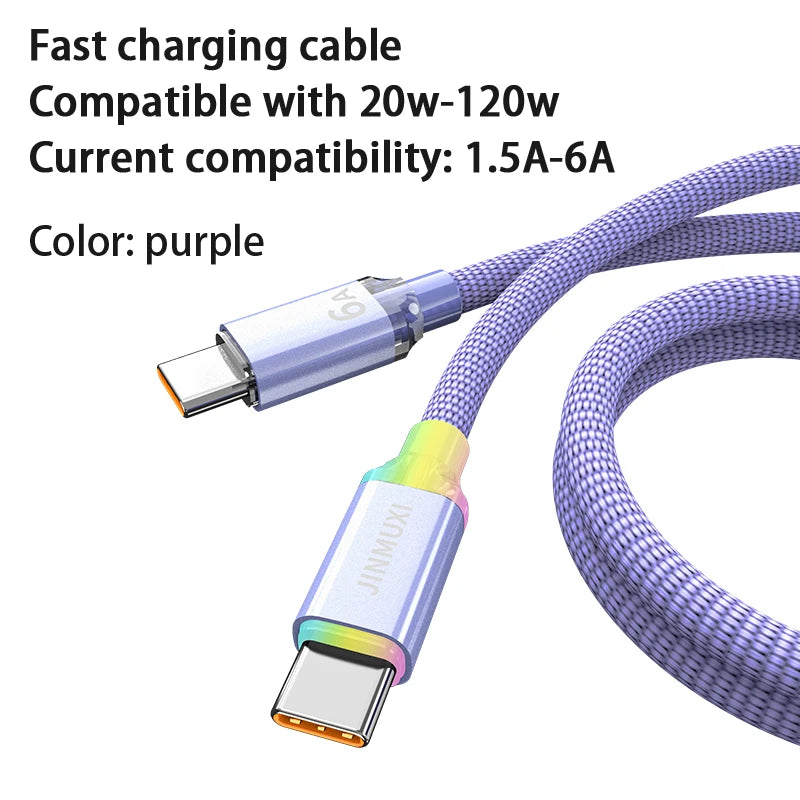 USB Type-C Fast Charging Cable 20W–120W 6A for iPhone 15/16 Xiaomi Huawei