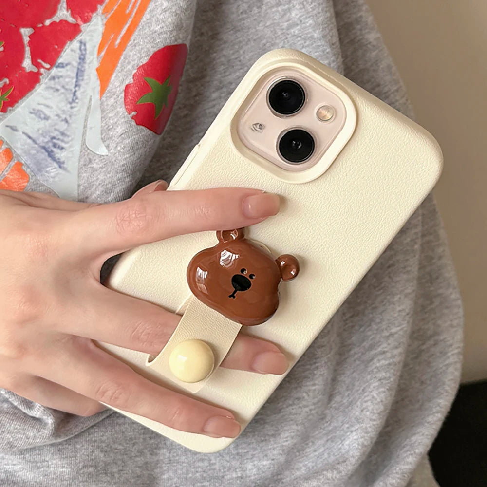 Korean 3D Bear Ring Holder Phone Case for iPhone 15 14 13 12 11 Pro Max