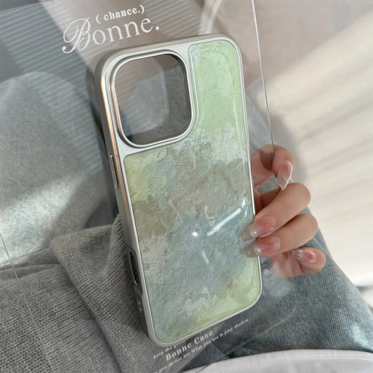Art Green Gradient Oil Painting Drop Glue Case for iPhone 16 15 14 13 Pro Max