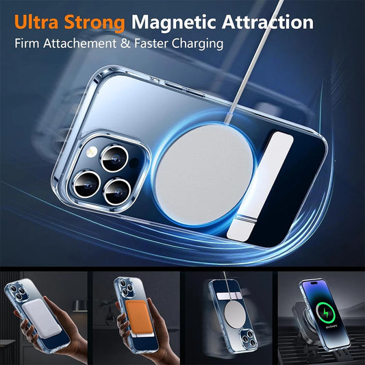 Clear Magnetic iPhone Case with Metal Kickstand – Shockproof Back Cover