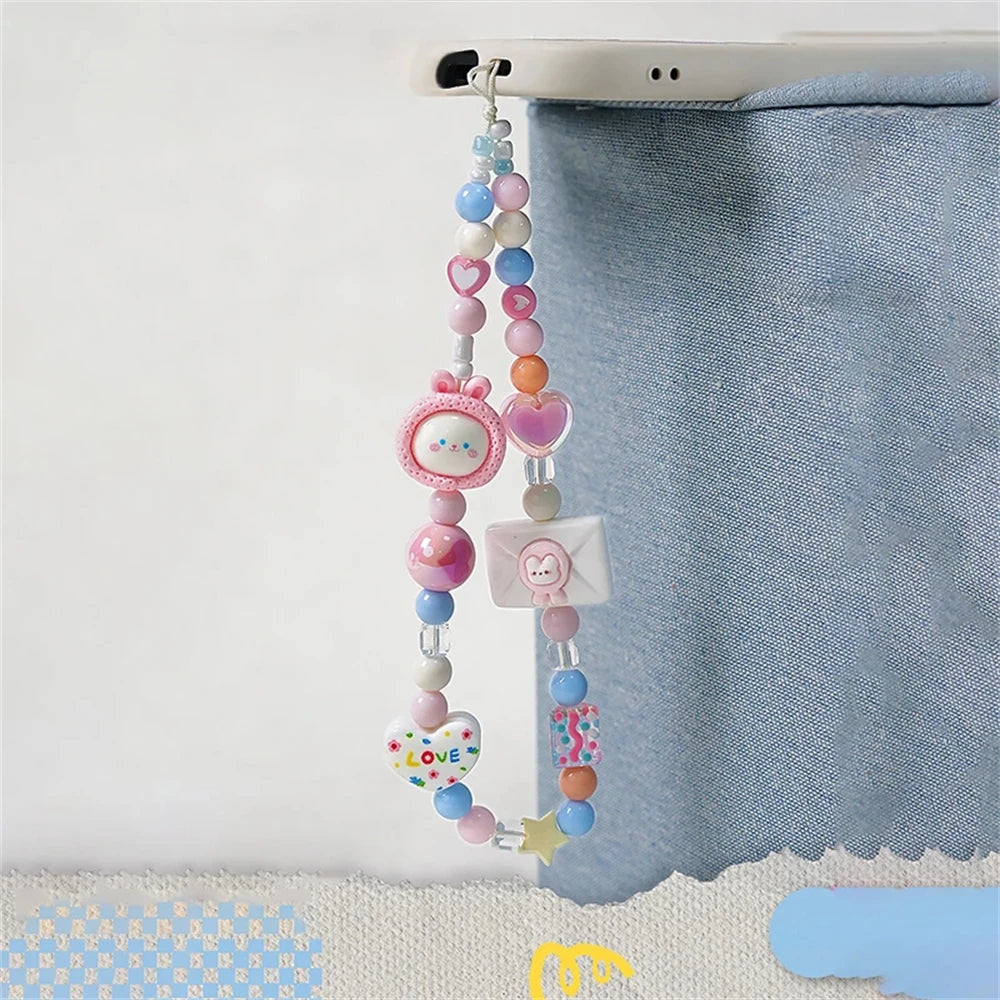 Korean Pink Rabbit Heart Star Beaded Phone Charm Lanyard for iPhone