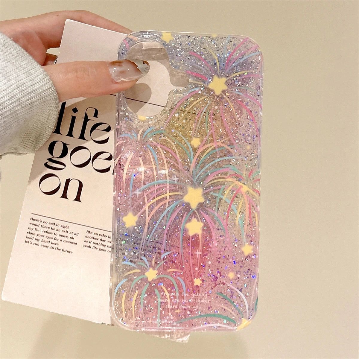 Korean Glitter Fireworks Star Case for iPhone 13–16 Pro Max – Clear & Bling