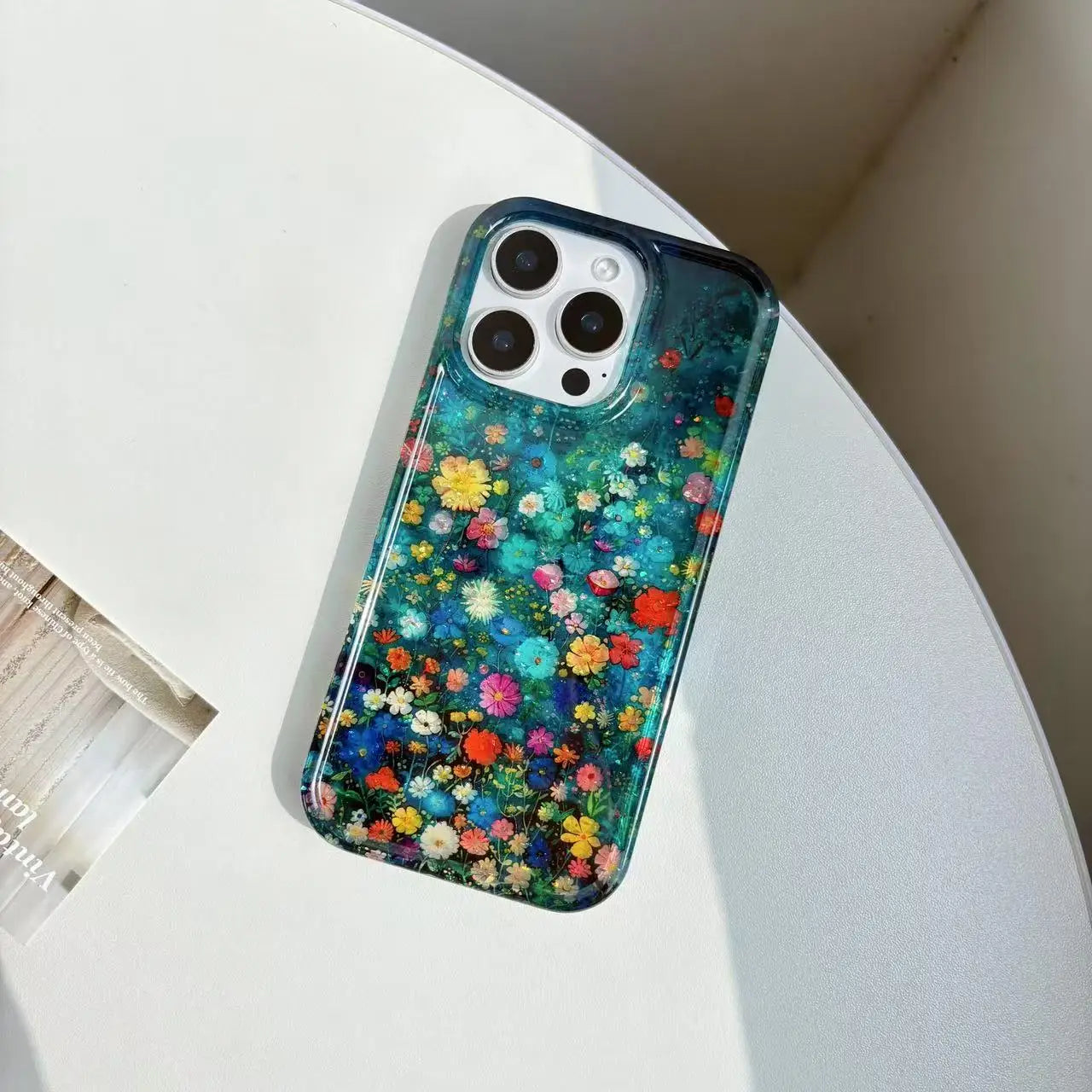 Blue Wildflower Glitter Case for iPhone 12–16 Pro Max – Glossy & Sparkly