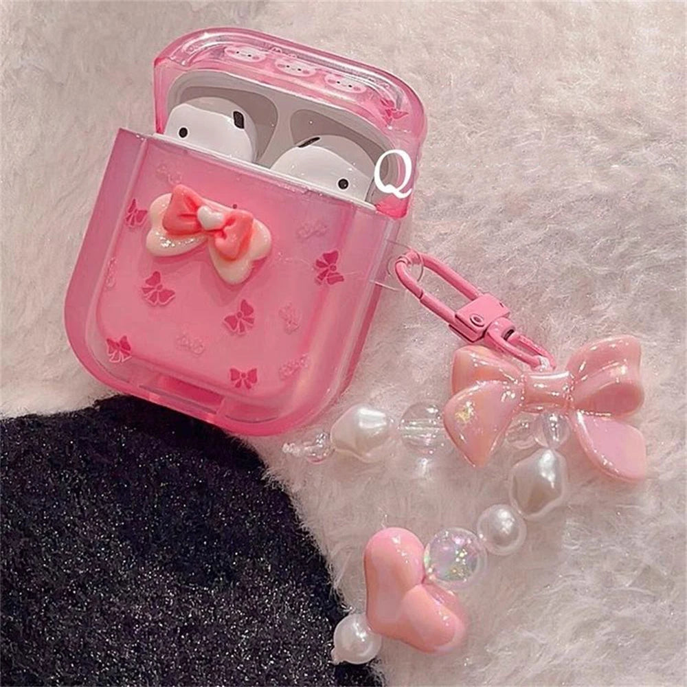 Korean 3D Bowknot Rabbit AirPods Case with Heart Pendant – Pink Soft Cover