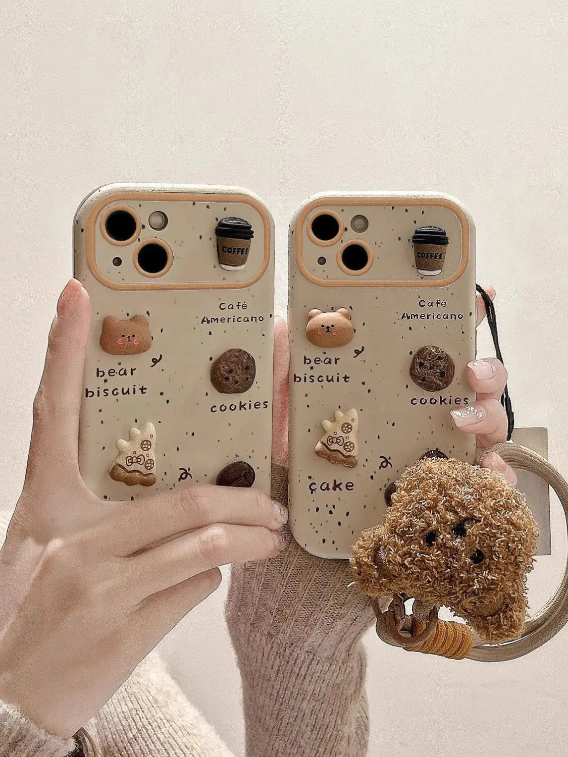 Cute Bear Coffee Phone Case with Lanyard for iPhone 11–15 Pro Max