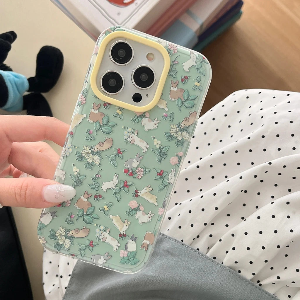 Full Screen Colorful Flowers & Rabbit Shockproof Case for iPhone 13–16 Pro Max