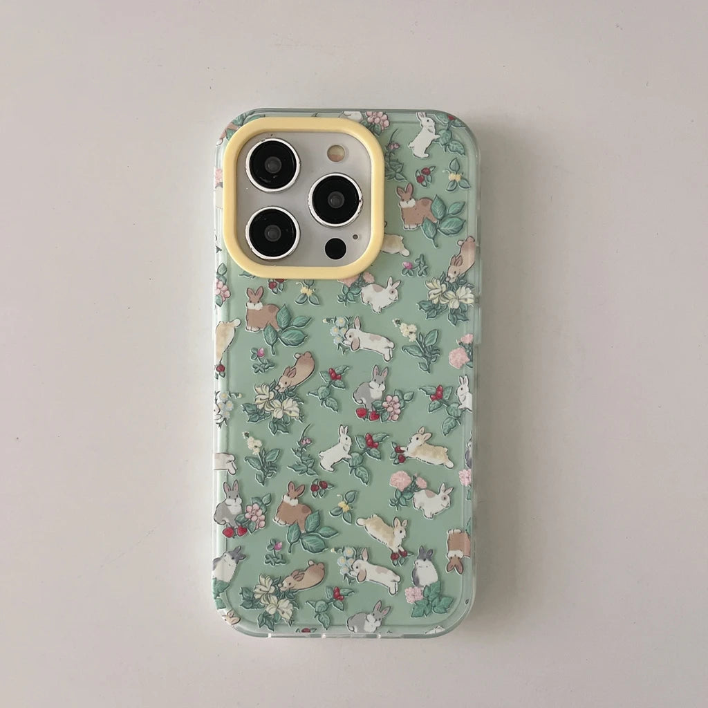Full Screen Colorful Flowers & Rabbit Shockproof Case for iPhone 13–16 Pro Max