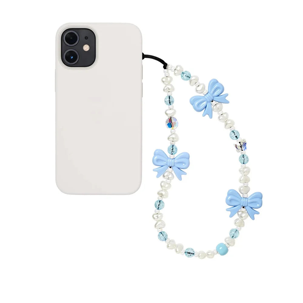 Korean Pink Bow Pearl Phone Charm – Y2K Beaded Strap for Cases
