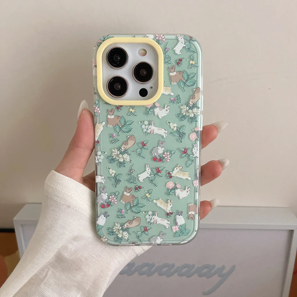 Full Screen Colorful Flowers & Rabbit Shockproof Case for iPhone 13–16 Pro Max