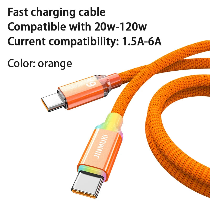 USB Type-C Fast Charging Cable 20W–120W 6A for iPhone 15/16 Xiaomi Huawei