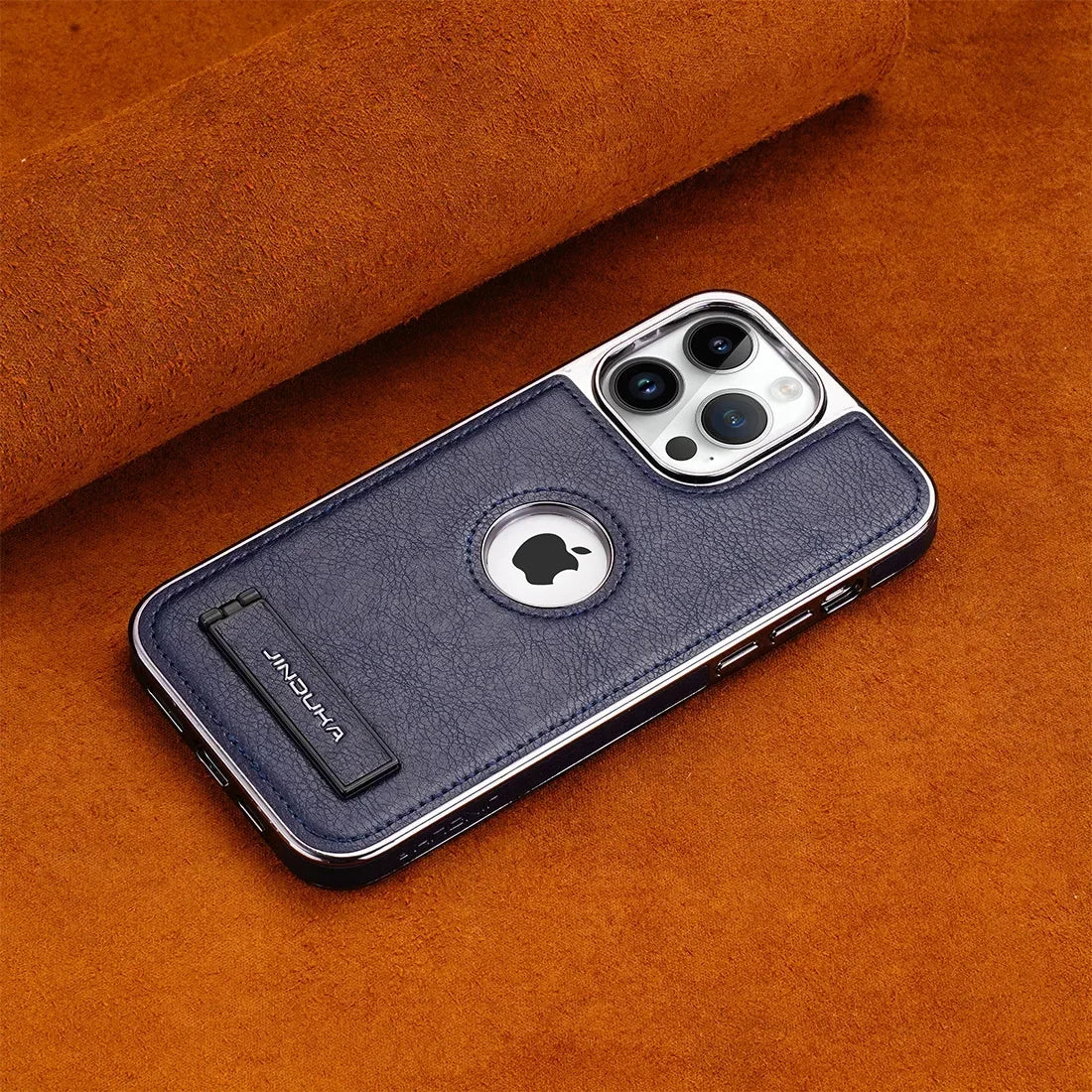 Invisible Fold Stand Leather Case for iPhone 16–11 Pro Max with Gold Bezel