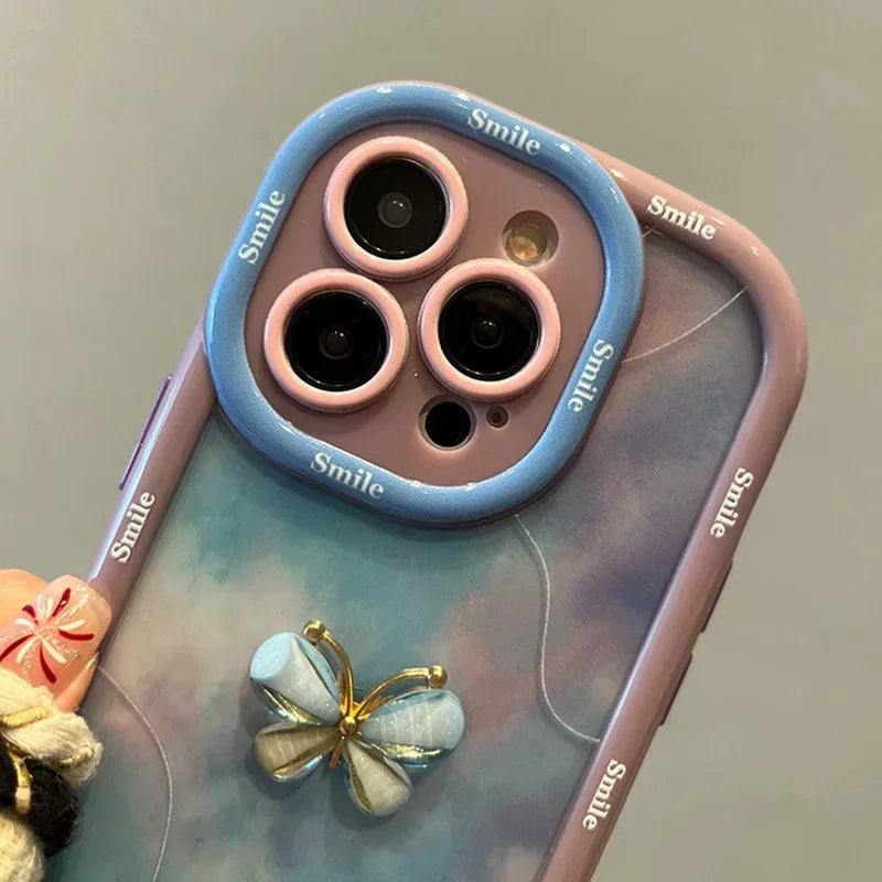 Wrist Chain Lanyard Phone Case for iPhone 16–11 Pro Max, 3D Bow Butterfly Design