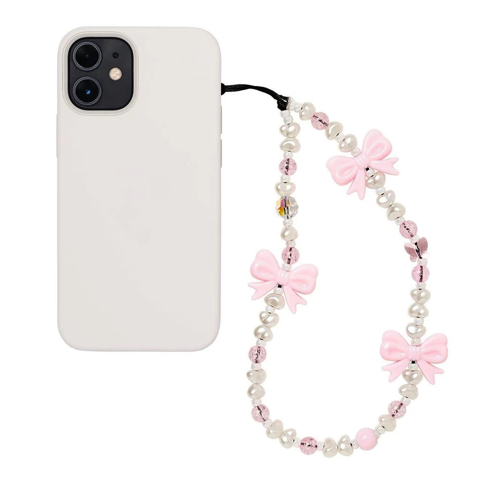 Korean Pink Bow Pearl Phone Charm – Y2K Beaded Strap for Cases
