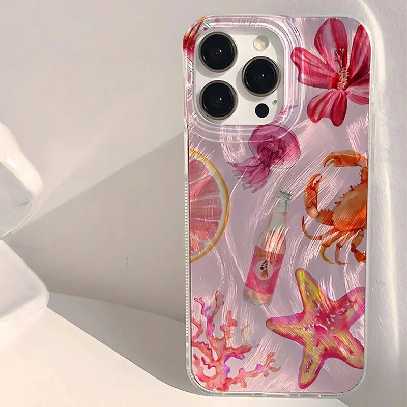 Cute Pink Sea Life Case for iPhone 16 15 14 13 12 11 Pro Max SE2