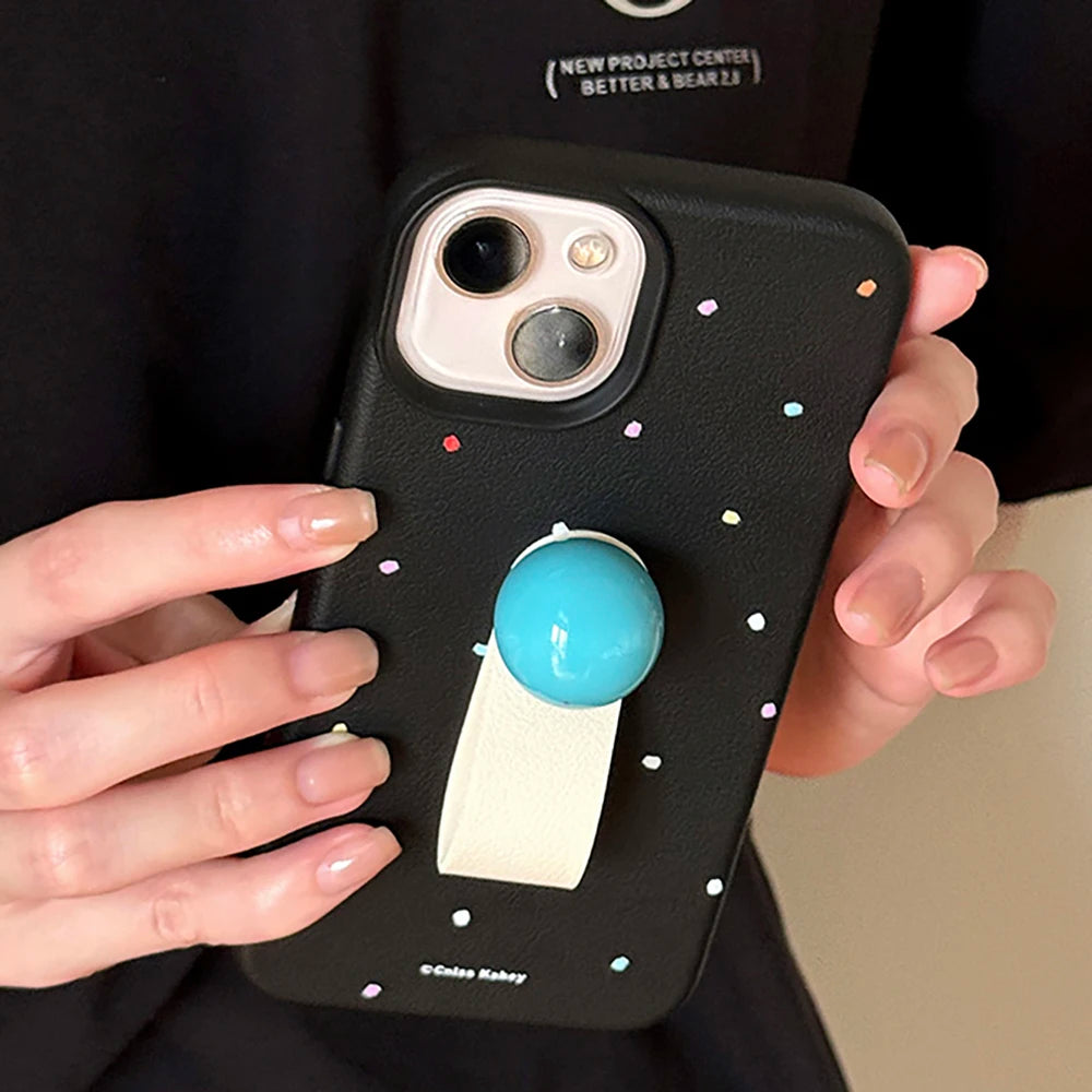 Korean 3D Colored Ball Ring Stand Leather Phone Case for iPhone 15–11 Pro Max