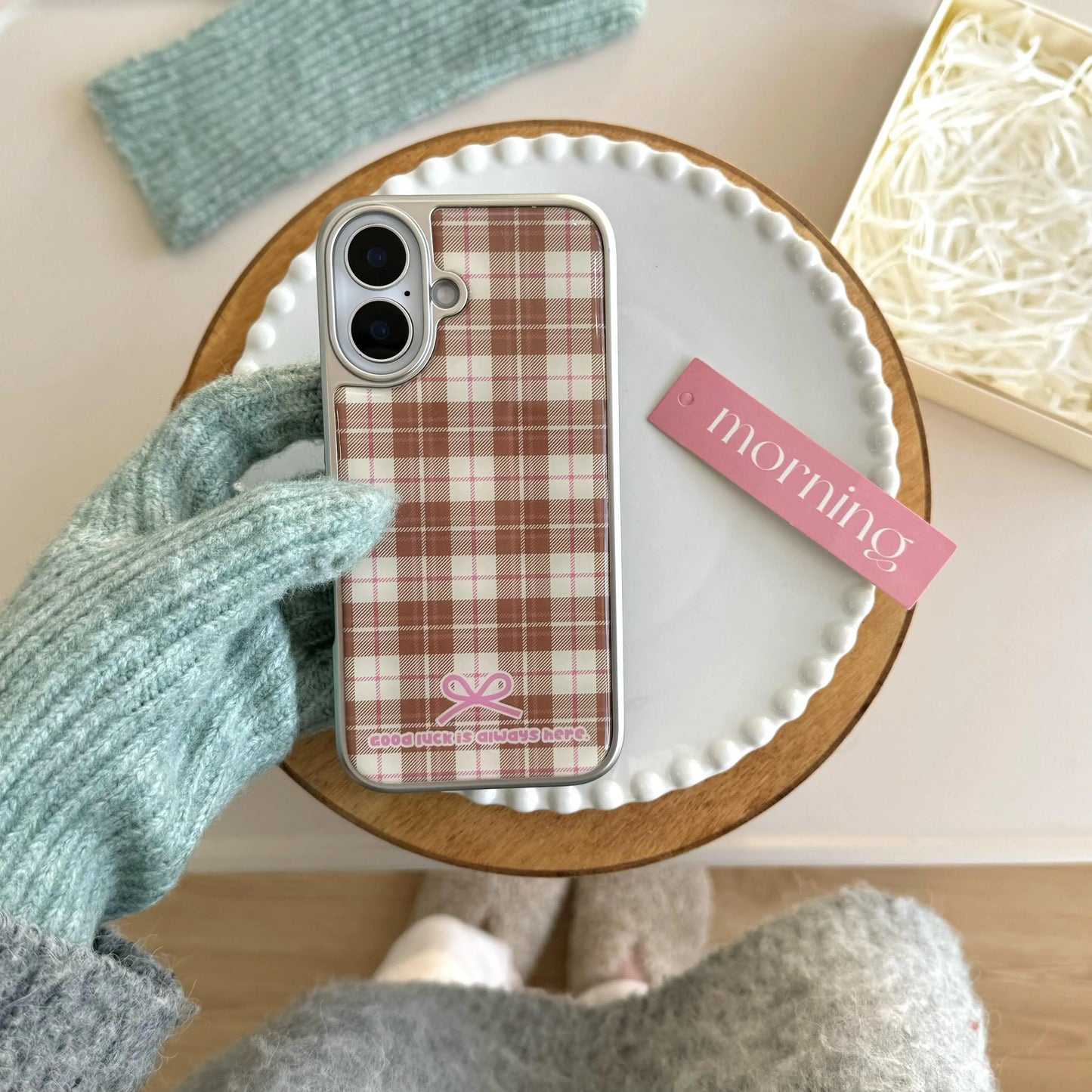 Korean Girly Checker Pattern Electroplated Leather Texture Case for iPhone 16 15 14 Pro Max