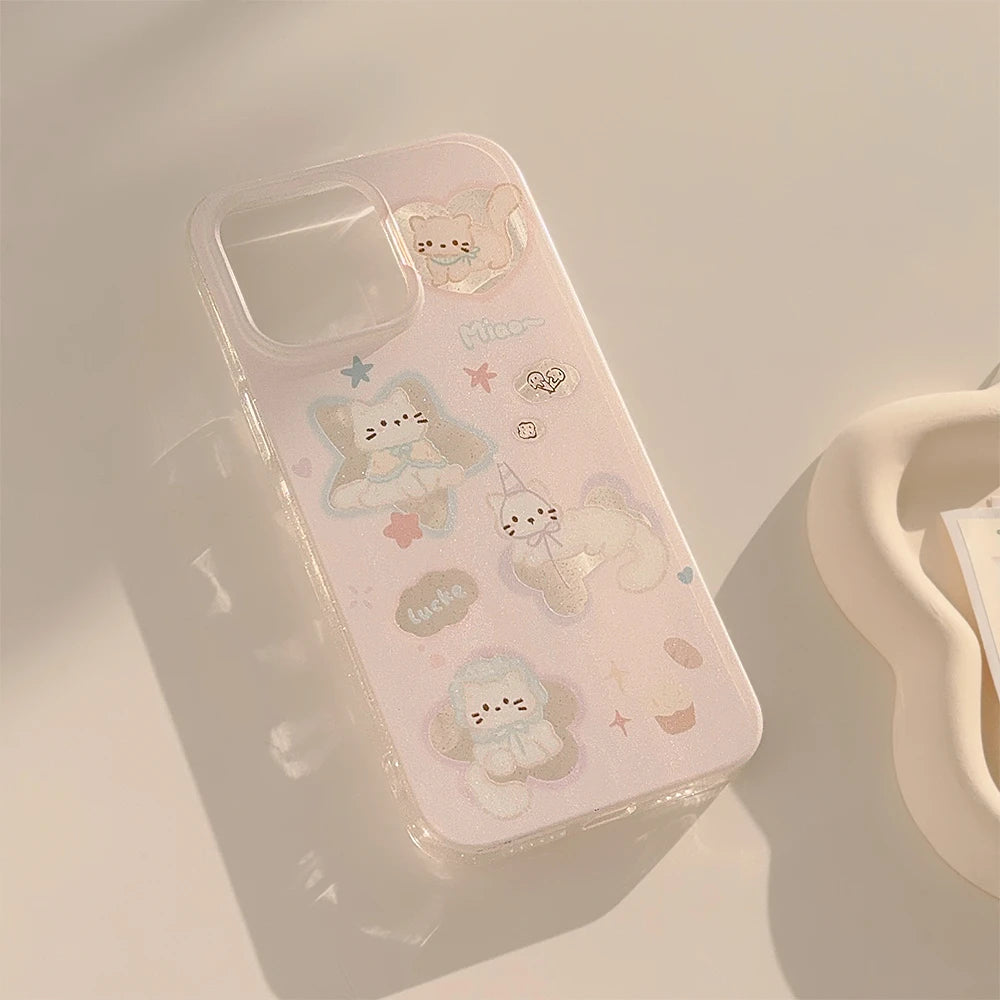 Korean Glitter Cartoon Cat Phone Case for iPhone 15 14 13 12 Pro Max