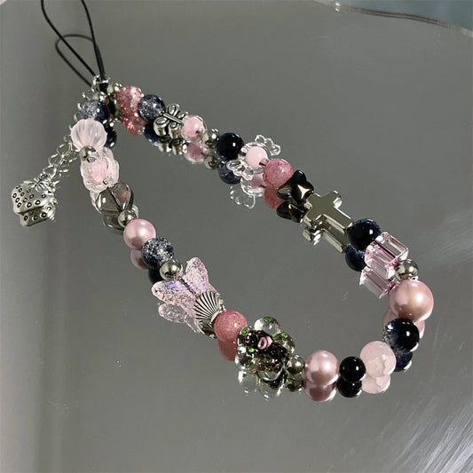 Y2K Pink Beaded Flower Butterfly Phone Charm Bracelet for iPhone