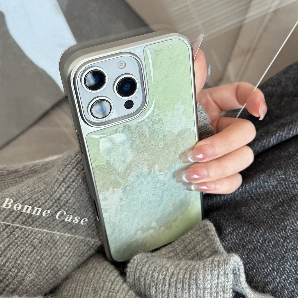 Art Green Gradient Oil Painting Drop Glue Case for iPhone 16 15 14 13 Pro Max
