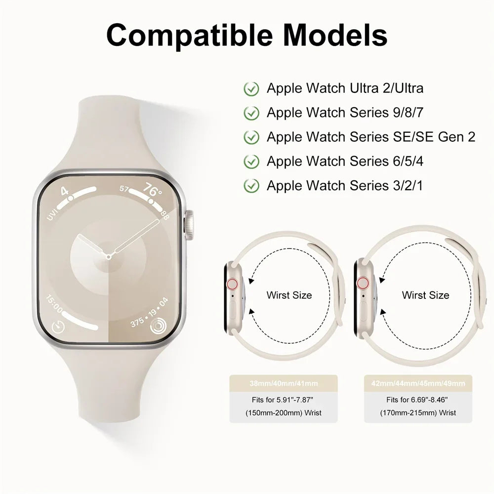 Slim Silicone Sport Strap for Apple Watch 38-49mm Series 3 to Ultra 2