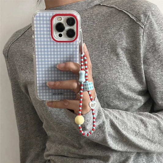 Korean INS Blue Checkered Grid Case with Contrasting Chain for iPhone 16–11 Series