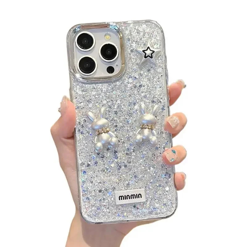 Korean Epoxy Bear Case for iPhone 14–16 Pro Max – Luxury Ring & Glitter Cover