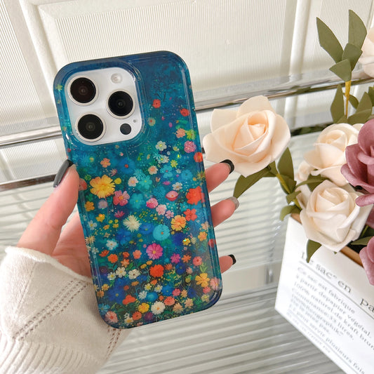 Blue Wildflower Glitter Case for iPhone 12–16 Pro Max – Glossy & Sparkly