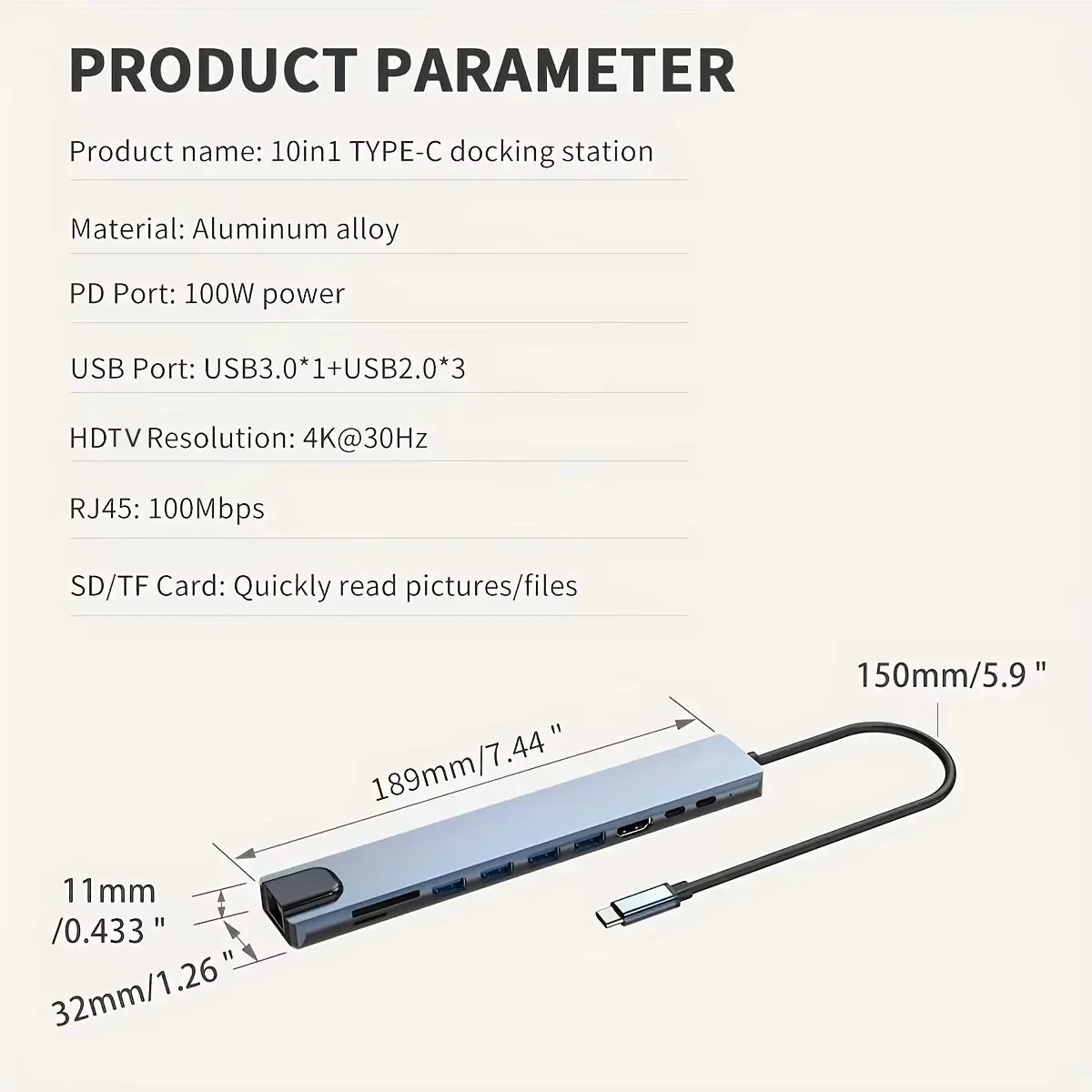 10-in-1 USB-C Hub Docking Station with 4K HDMI, PD100W, RJ45 Ethernet