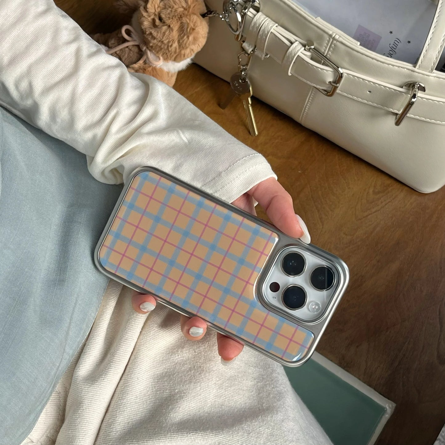Korean Plaid Grid Shockproof Case for iPhone 13–16 Pro Max with Silver Edge