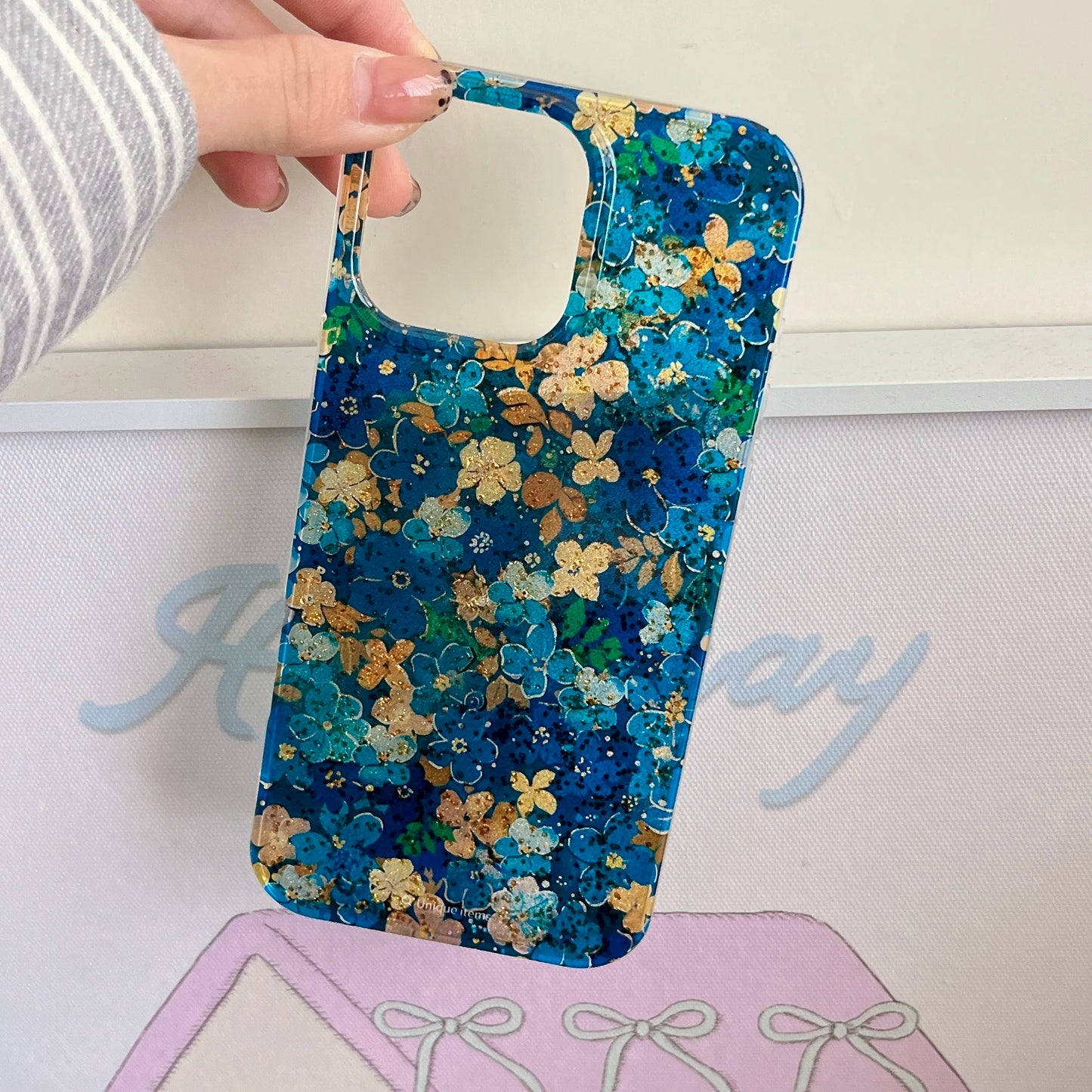 Blue Yellow Floral Gold Foil Sparkle Case for iPhone 13–16 Pro Max