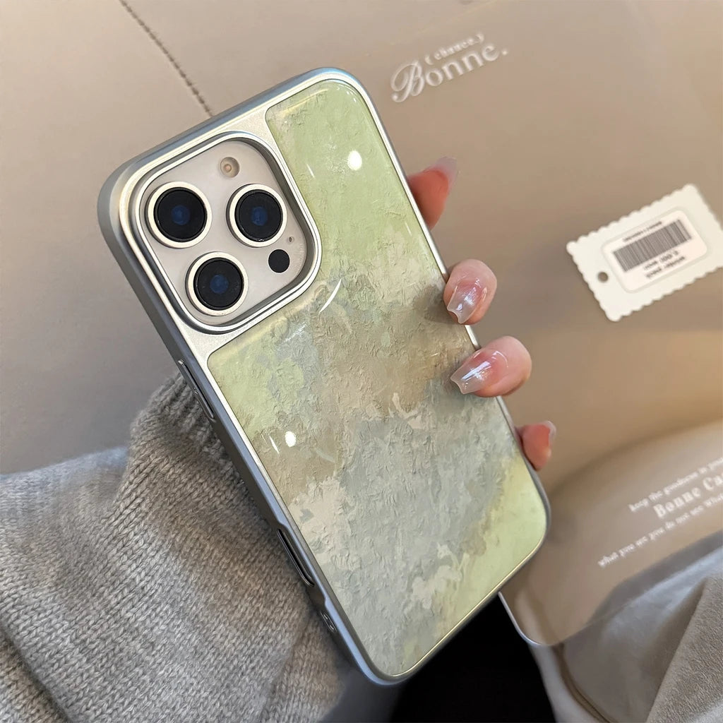 Art Green Gradient Oil Painting Drop Glue Case for iPhone 16 15 14 13 Pro Max