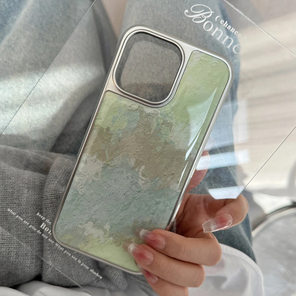 Art Green Gradient Oil Painting Drop Glue Case for iPhone 16 15 14 13 Pro Max