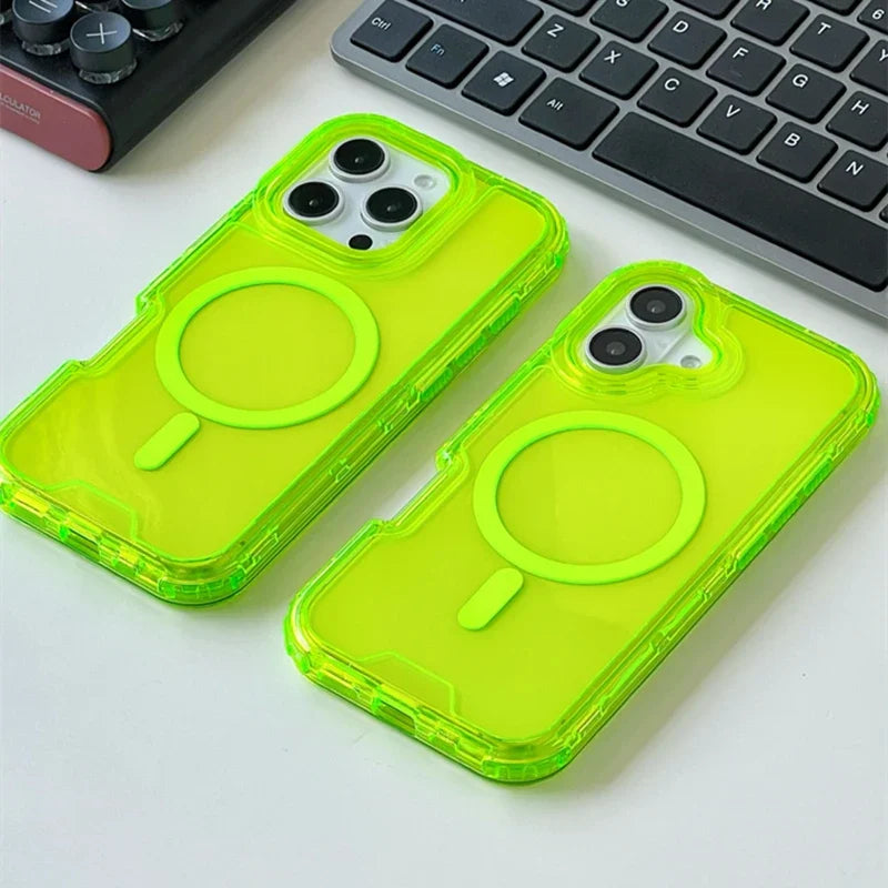 Neon Shockproof MagSafe Case for iPhone 11–16 Pro Max with Clear Back