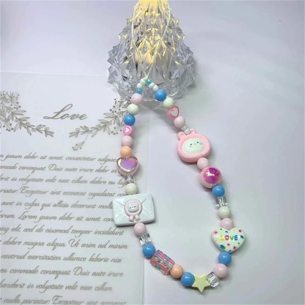 Korean Pink Rabbit Heart Star Beaded Phone Charm Lanyard for iPhone